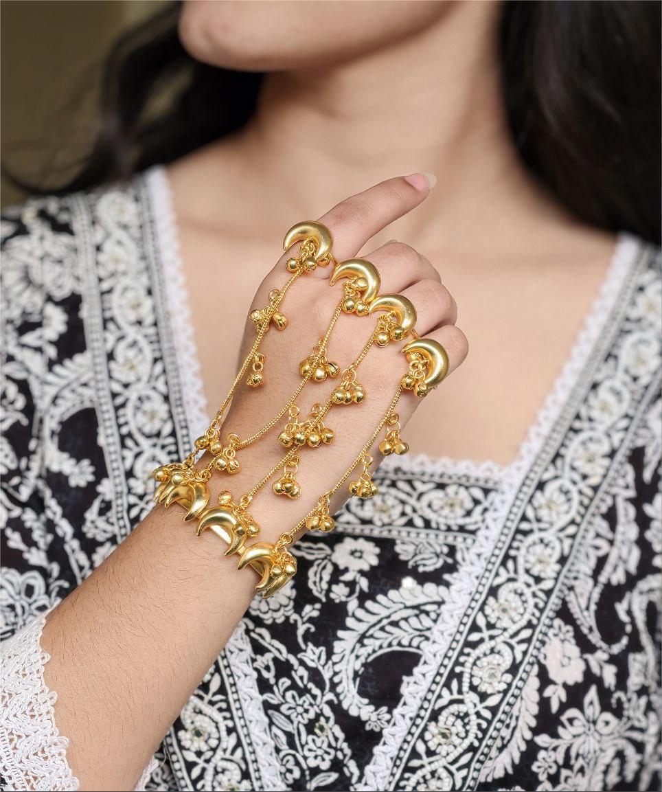 Gold Plated Crescent Moon Kashmiri Hathphool | Traditional Hand Harness with Adjustable Rings